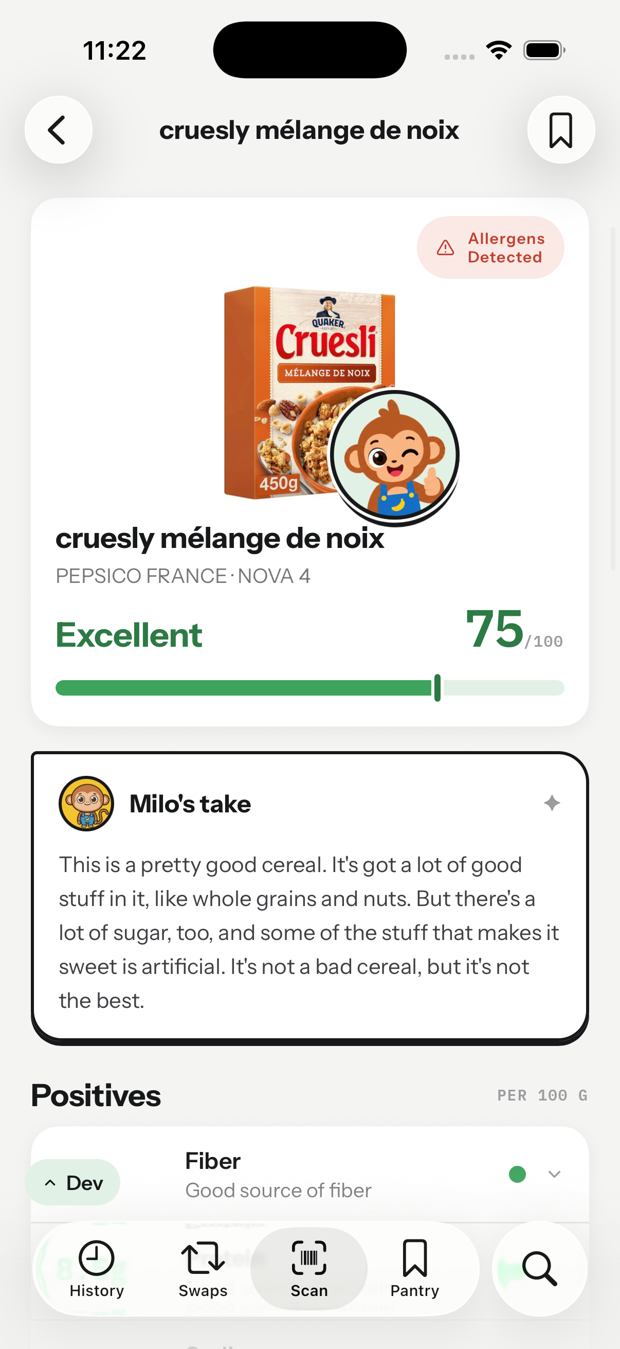 Milo scan result for a muesli showing a score of 75 out of 100, Excellent, with an allergens detected badge and Milo's plain-words take