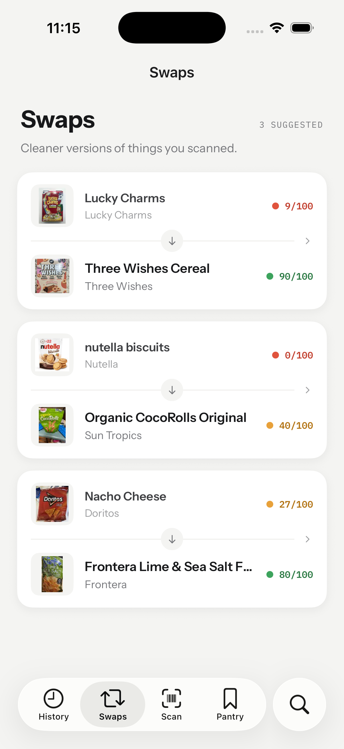 Milo Swaps screen listing three scanned products with a better-scoring alternative under each